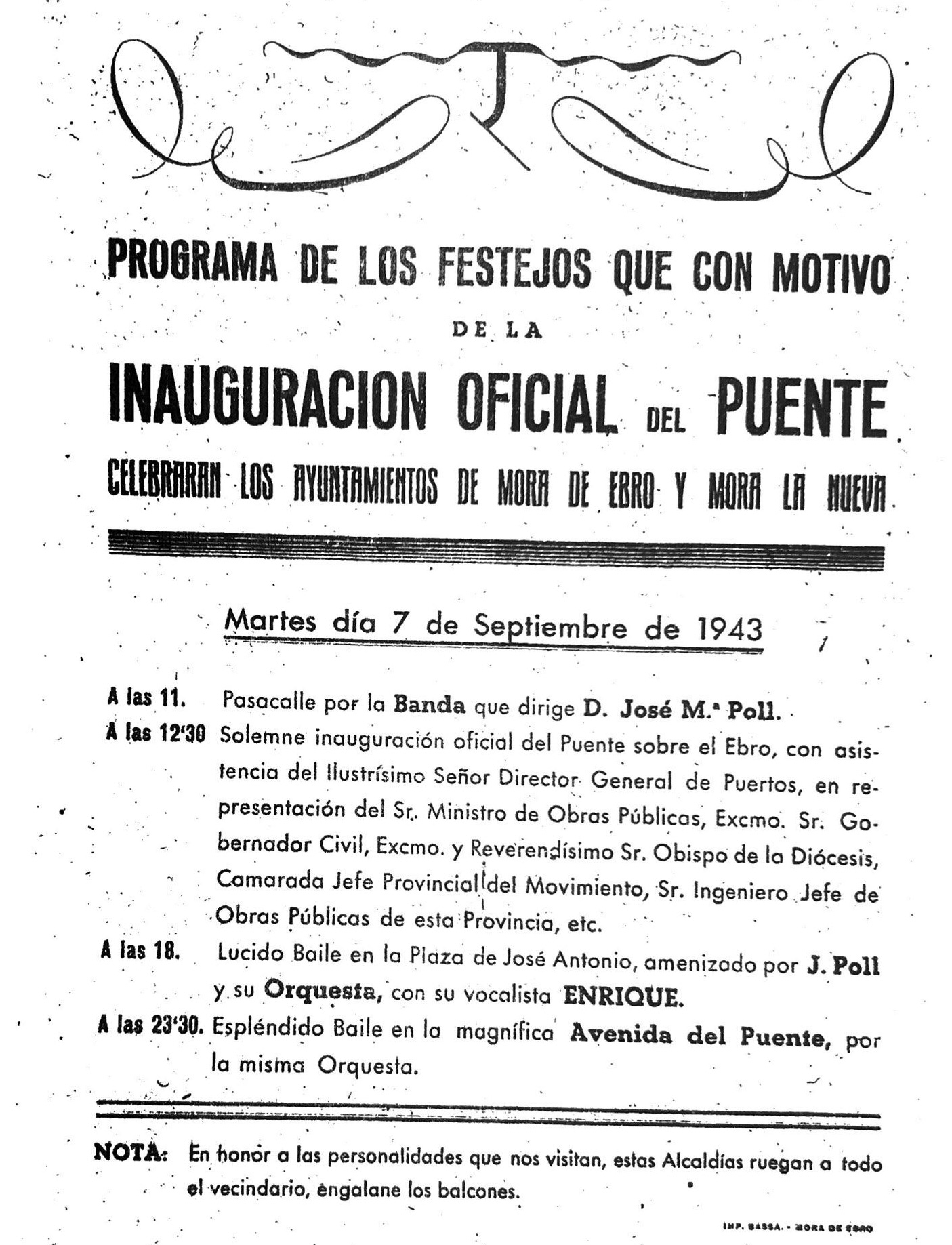 Programa de la inauguració del pont de Móra d'Ebre de 1943